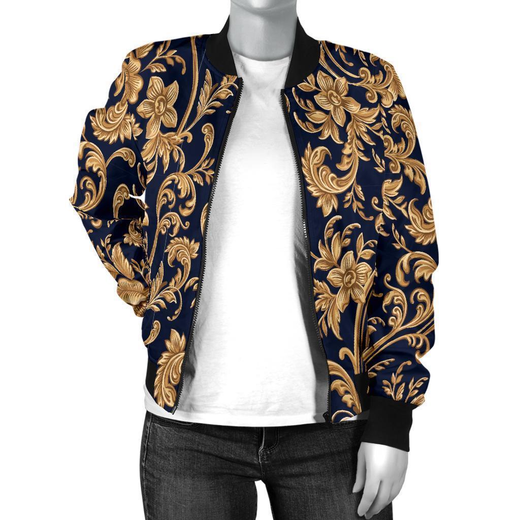Damask Gold Pattern Print Women Casual Bomber Jacket-grizzshop