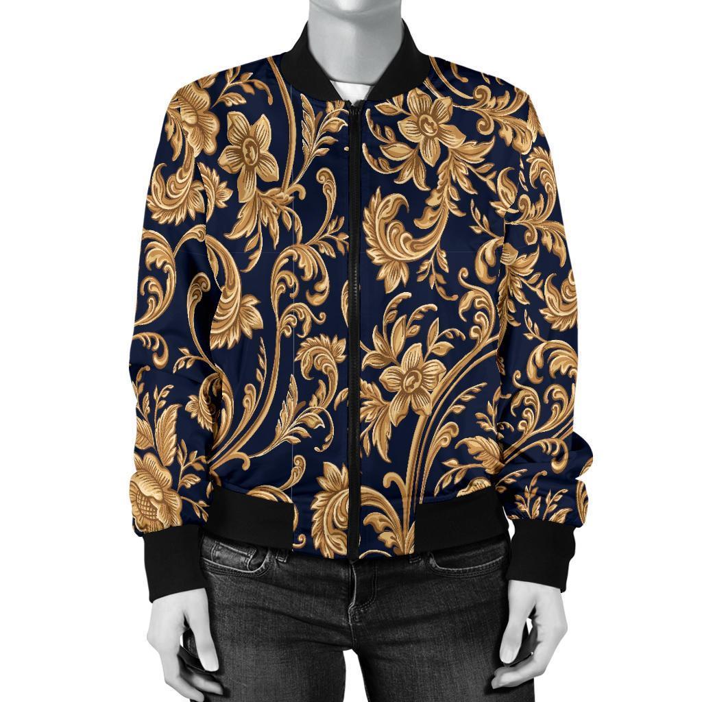 Damask Gold Pattern Print Women Casual Bomber Jacket-grizzshop