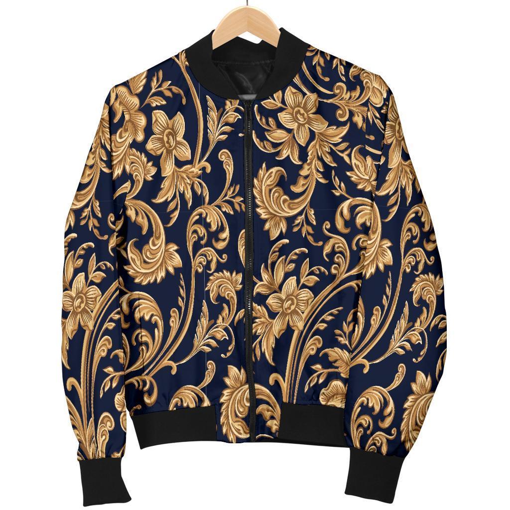 Damask Gold Pattern Print Women Casual Bomber Jacket-grizzshop