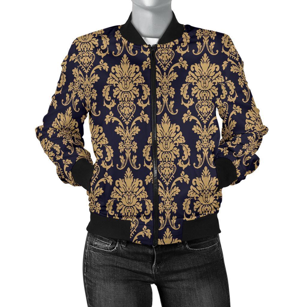 Damask Gold Print Pattern Women Casual Bomber Jacket-grizzshop