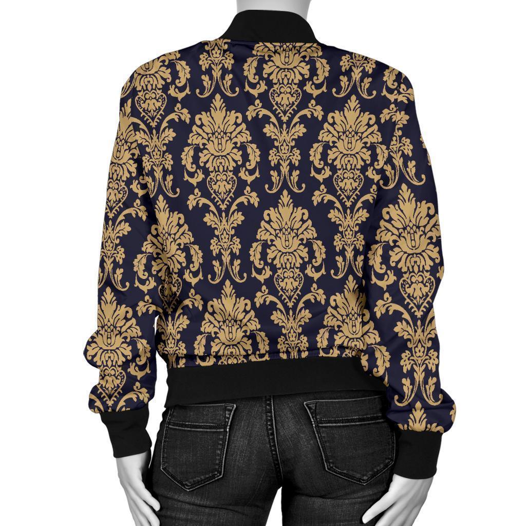Damask Gold Print Pattern Women Casual Bomber Jacket-grizzshop