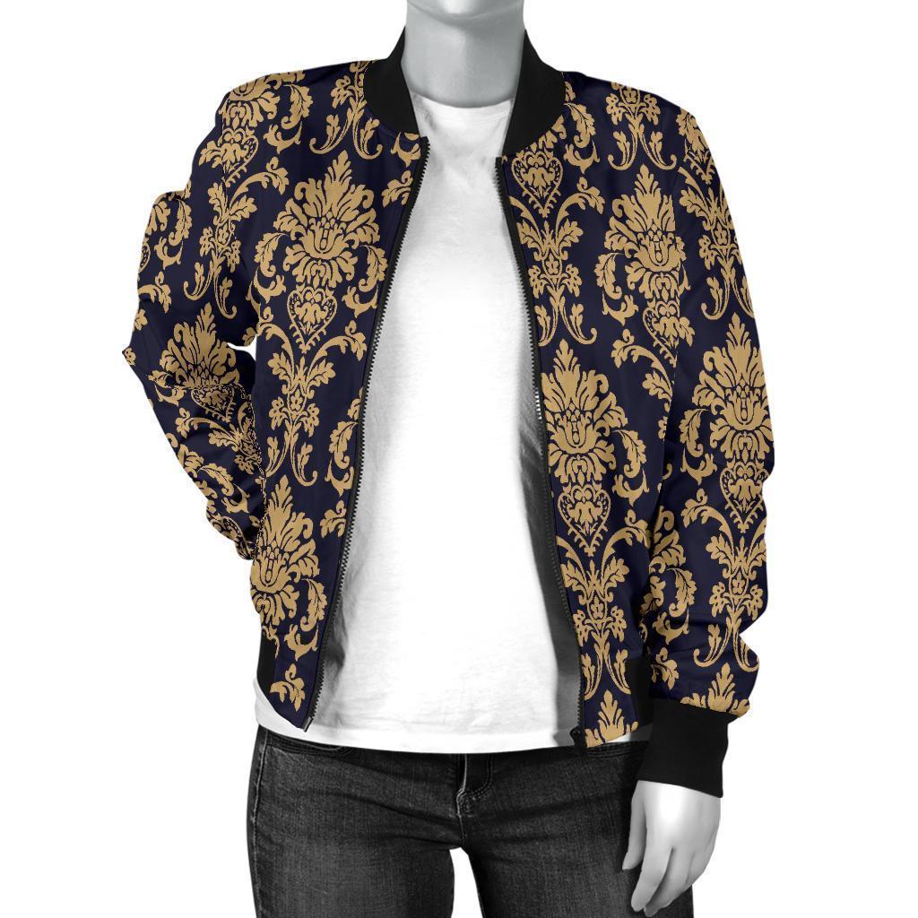 Damask Gold Print Pattern Women Casual Bomber Jacket-grizzshop