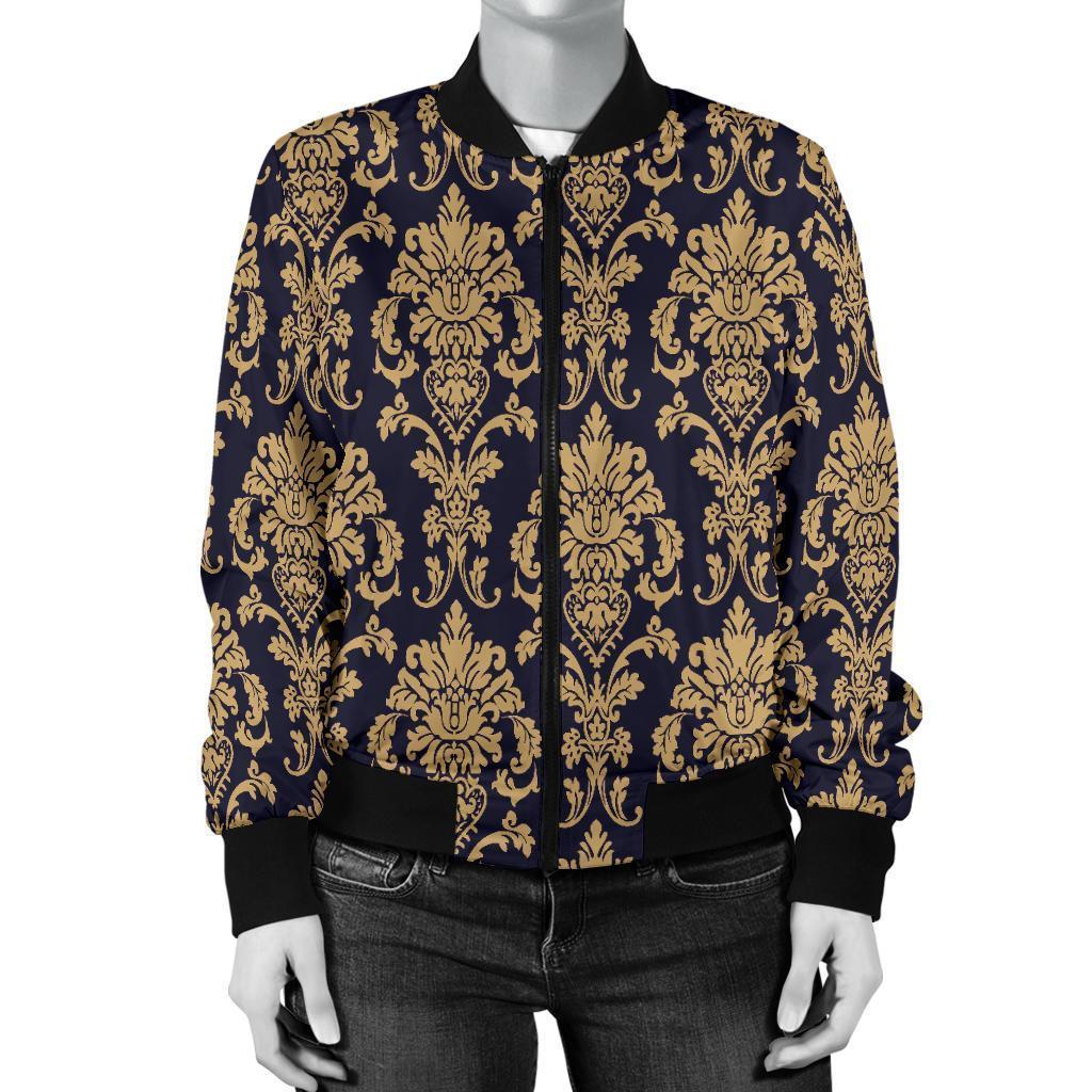 Damask Gold Print Pattern Women Casual Bomber Jacket-grizzshop