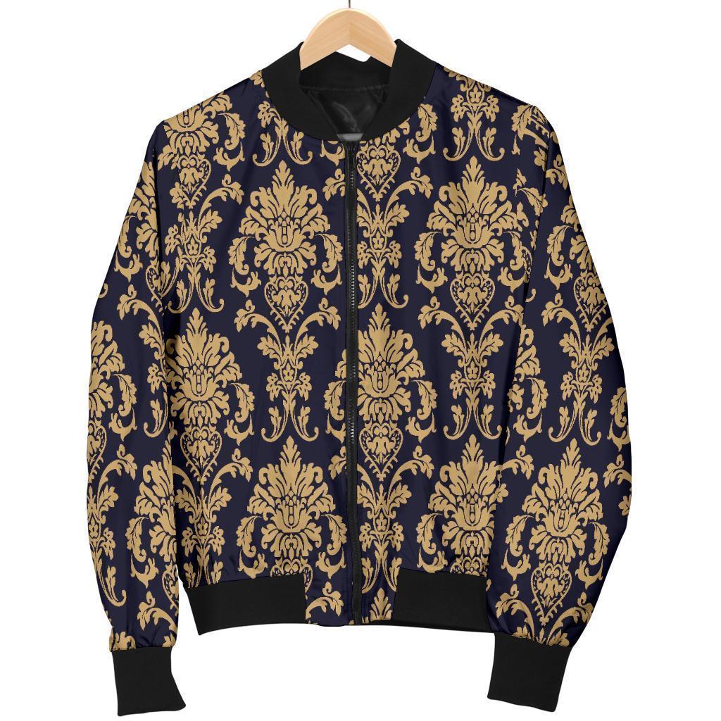 Damask Gold Print Pattern Women Casual Bomber Jacket-grizzshop