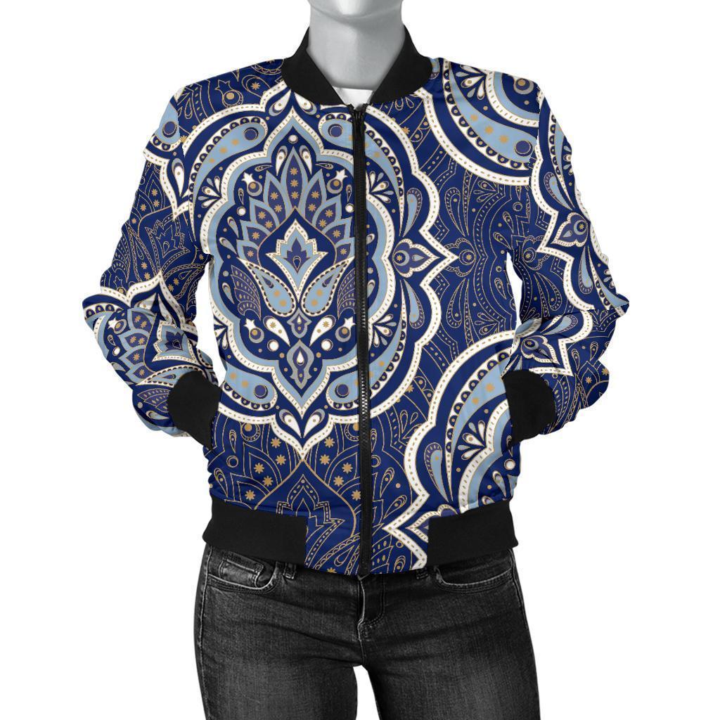 Damask Print Pattern Women Casual Bomber Jacket-grizzshop