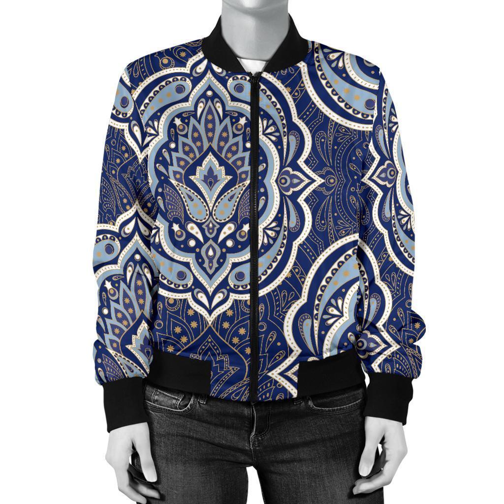 Damask Print Pattern Women Casual Bomber Jacket-grizzshop