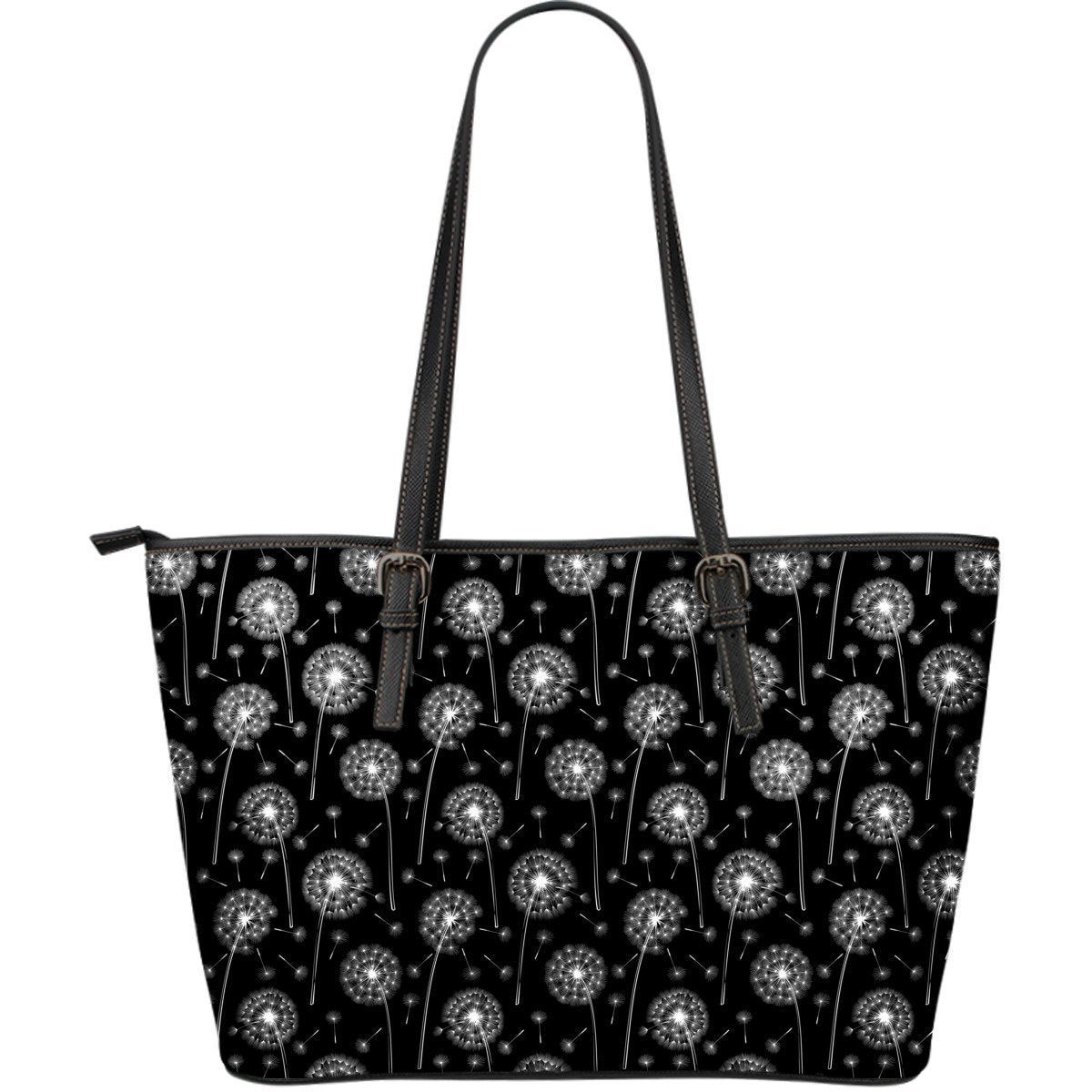 Dandelion Black Pattern Print Leather Tote Bag-grizzshop