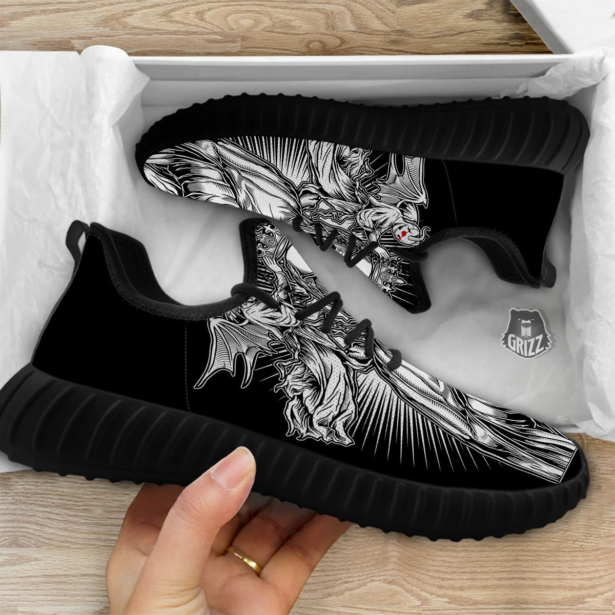 Dark Angel Of Death Print Black Walking Shoes-grizzshop