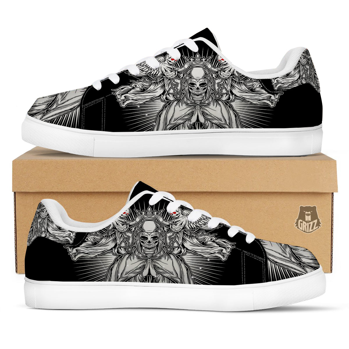 Dark Angel Of Death Print White Low Top Sneakers-grizzshop