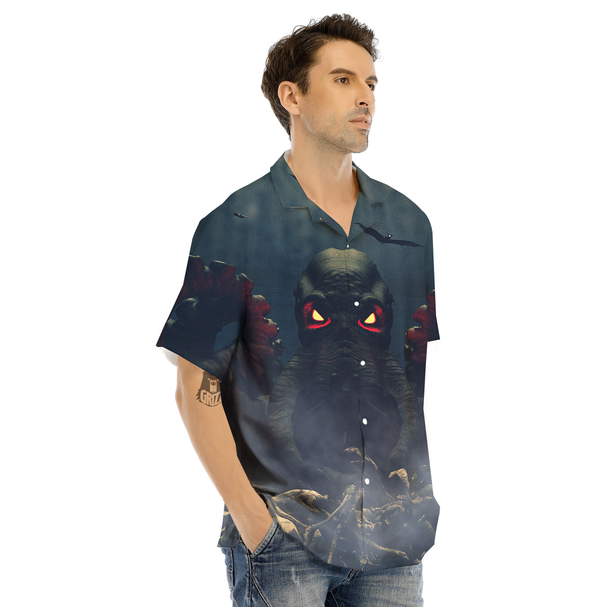 Dark Cthulhu Octopus And Bones Print Men's Hawaiian Shirt-grizzshop