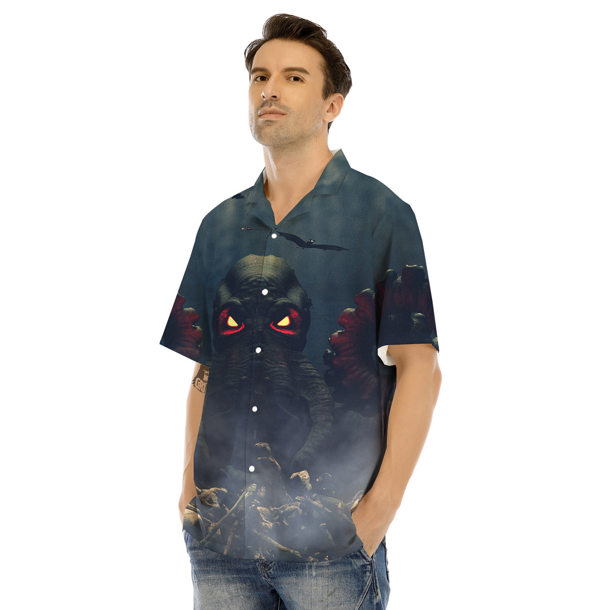 Dark Cthulhu Octopus And Bones Print Men's Hawaiian Shirt-grizzshop