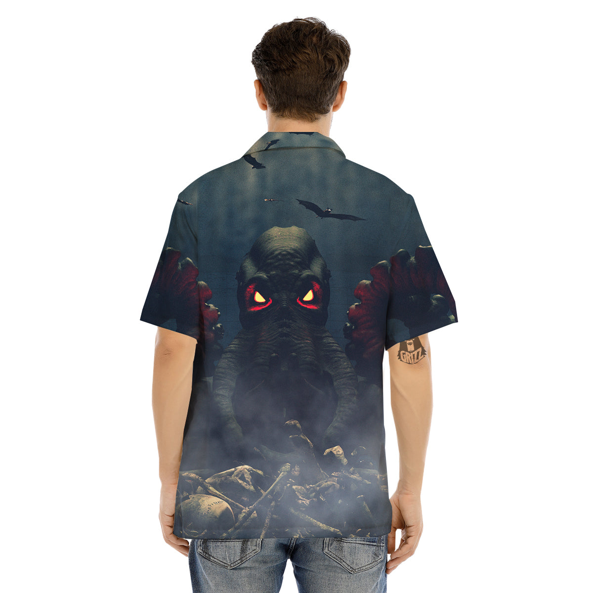 Dark Cthulhu Octopus And Bones Print Men's Hawaiian Shirt-grizzshop