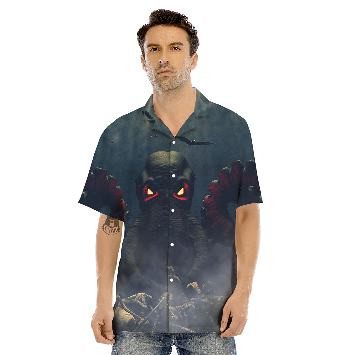 Dark Cthulhu Octopus And Bones Print Men's Hawaiian Shirt-grizzshop