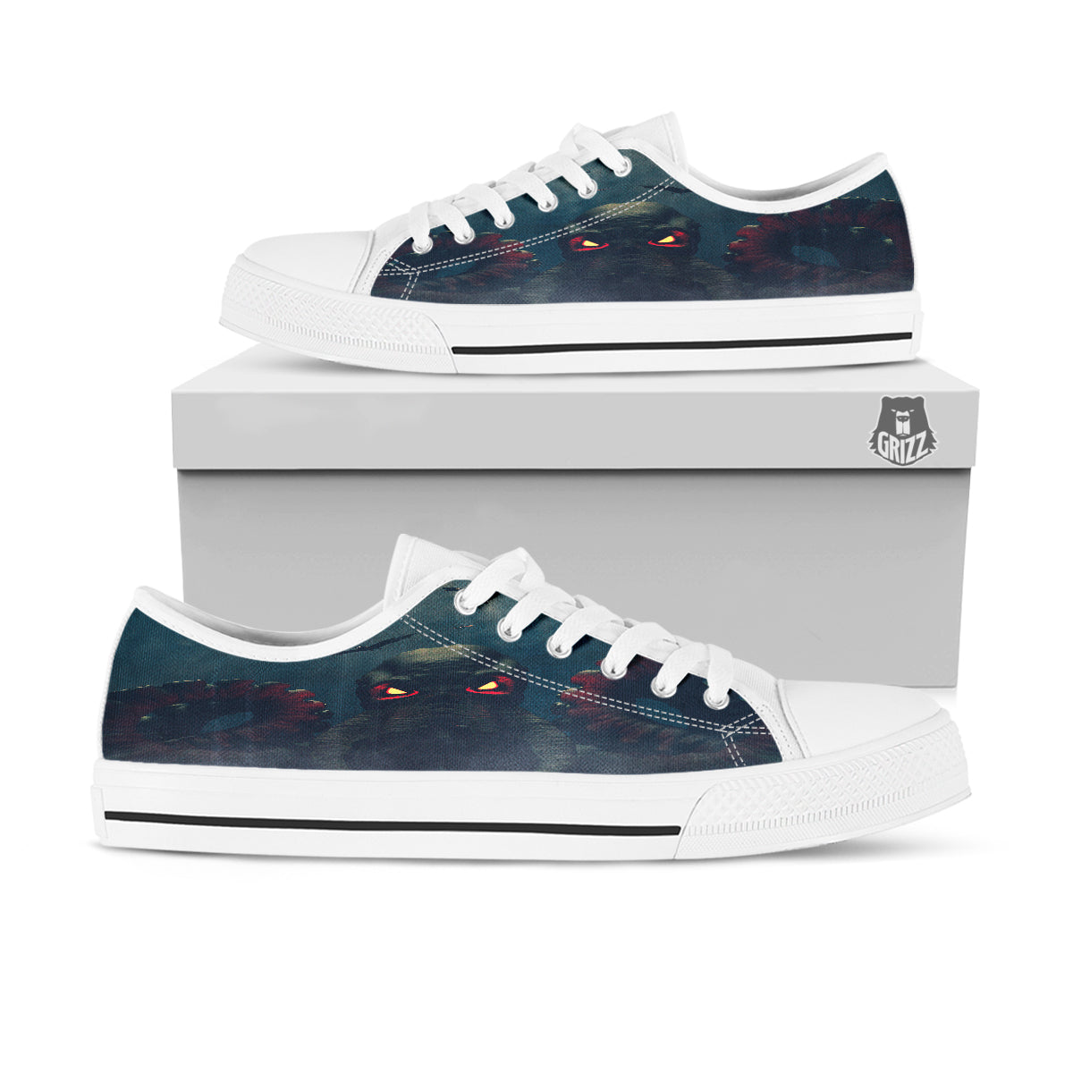 Dark Cthulhu Octopus And Bones Print White Low Top Shoes-grizzshop