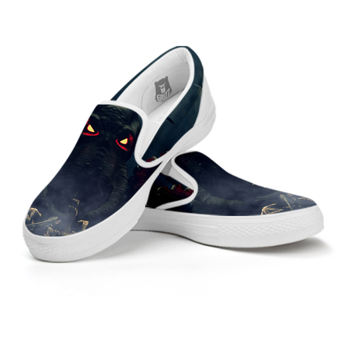 Dark Cthulhu Octopus And Bones Print White Slip On Shoes-grizzshop