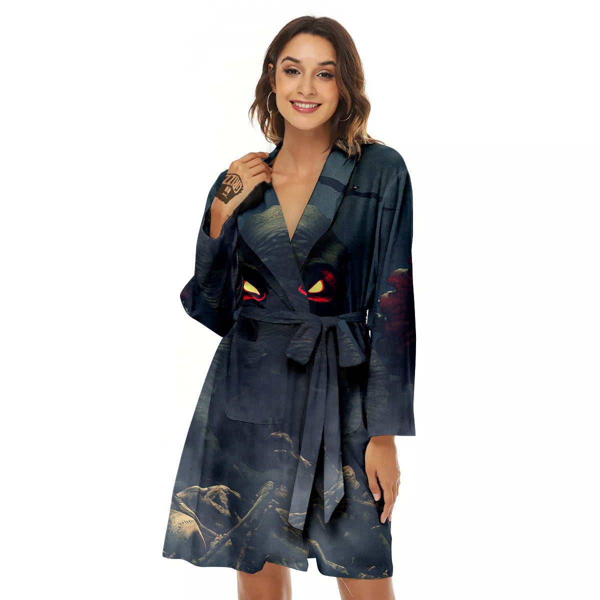Dark Cthulhu Octopus And Bones Print Women's Robe-grizzshop