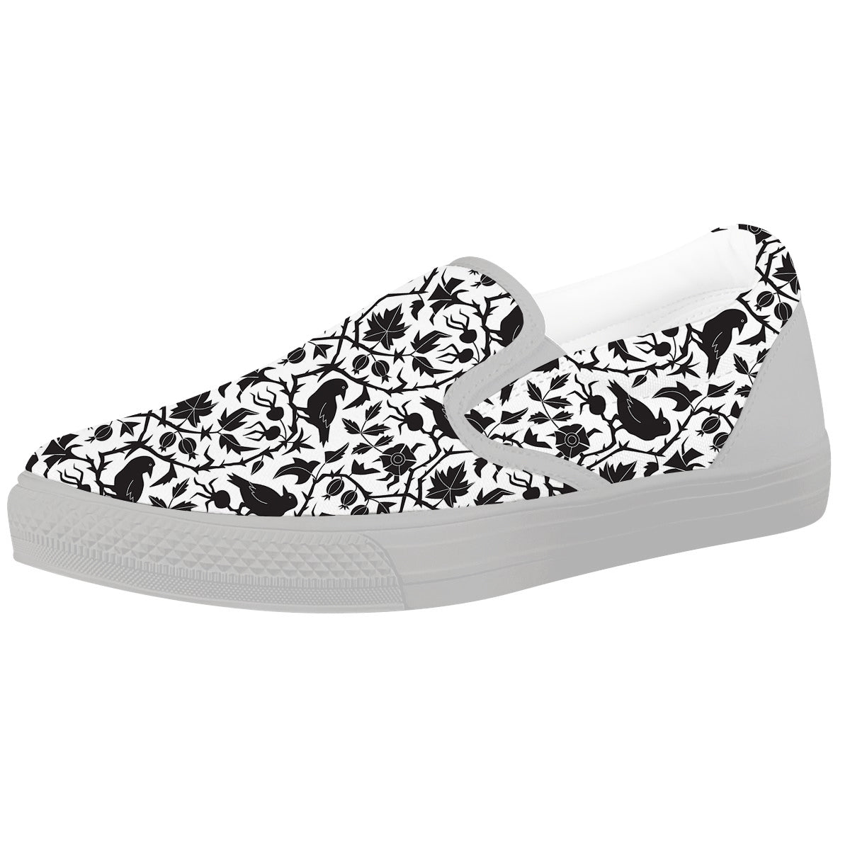 Dark Floral And Crow Print Pattern White Slip On Shoes-grizzshop