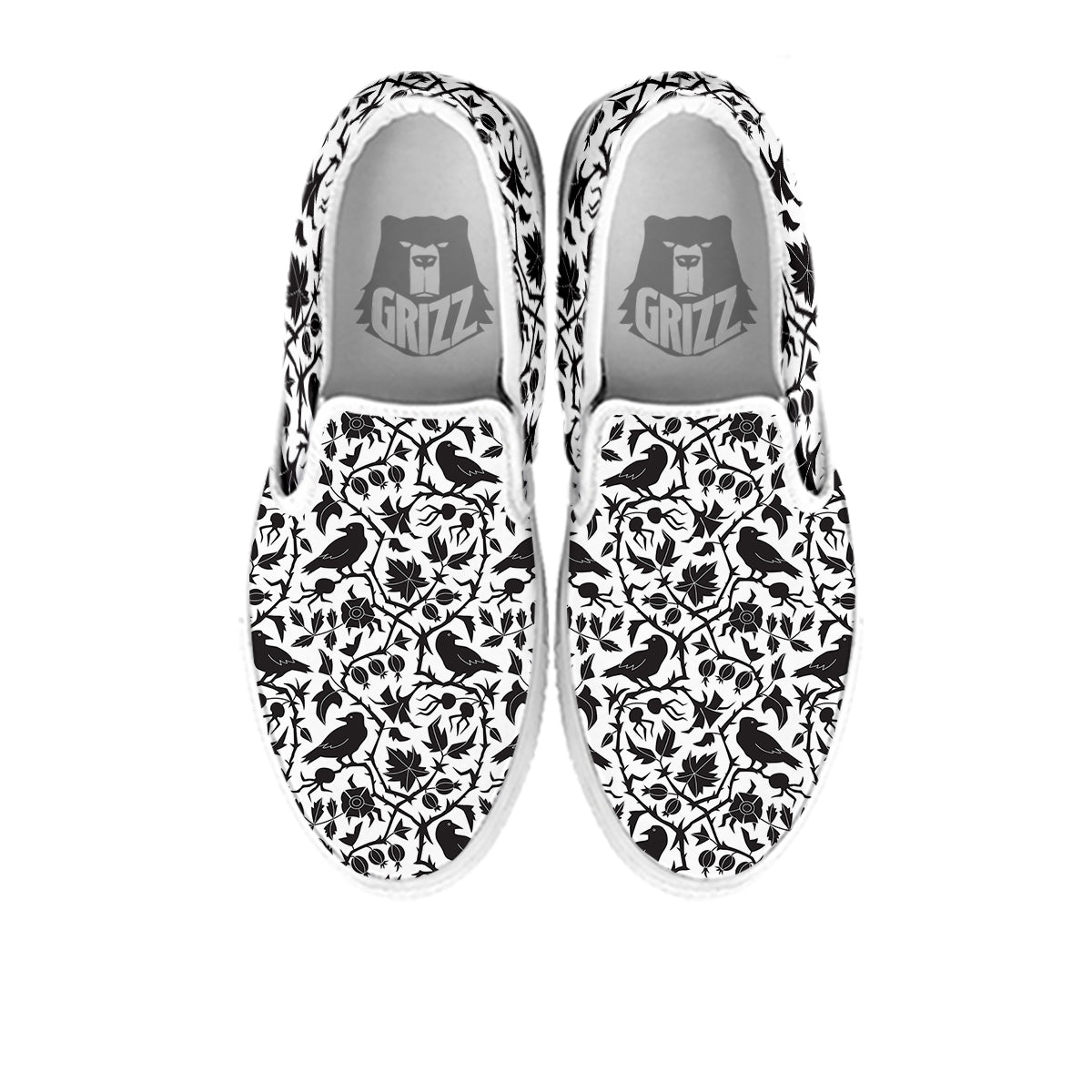 Dark Floral And Crow Print Pattern White Slip On Shoes-grizzshop