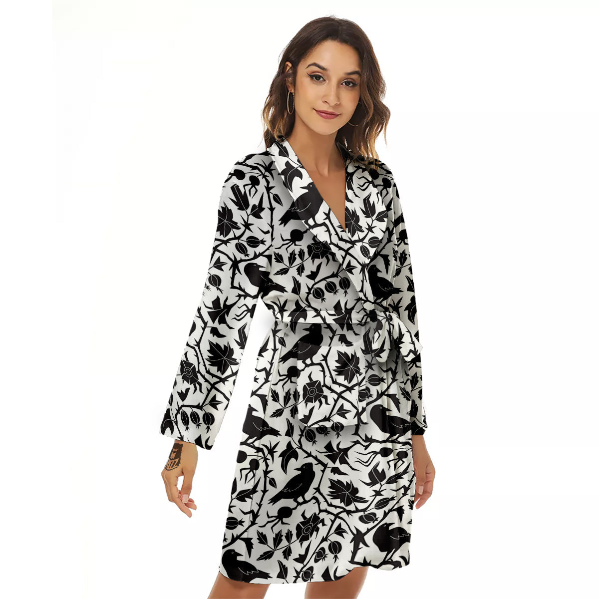 Dark Floral And Crow Print Pattern Women's Robe-grizzshop