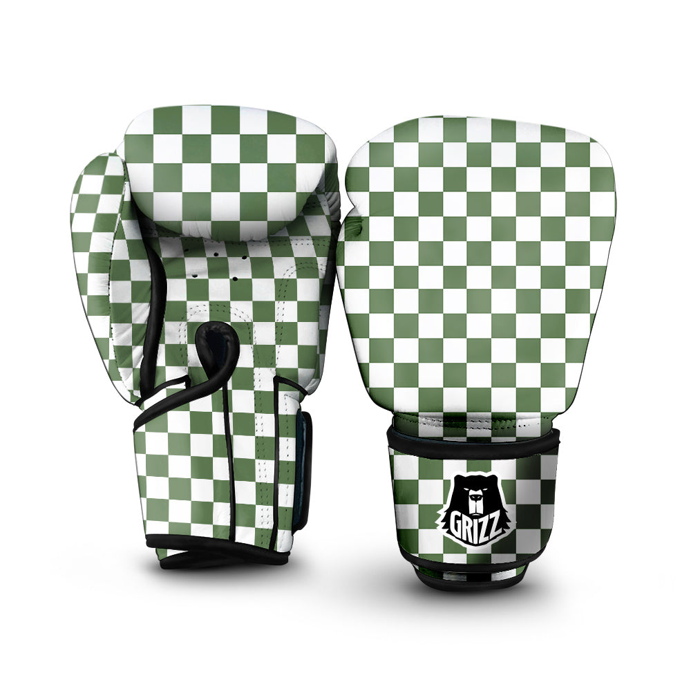 Dark Green Checkered Flag Print Boxing Gloves-grizzshop