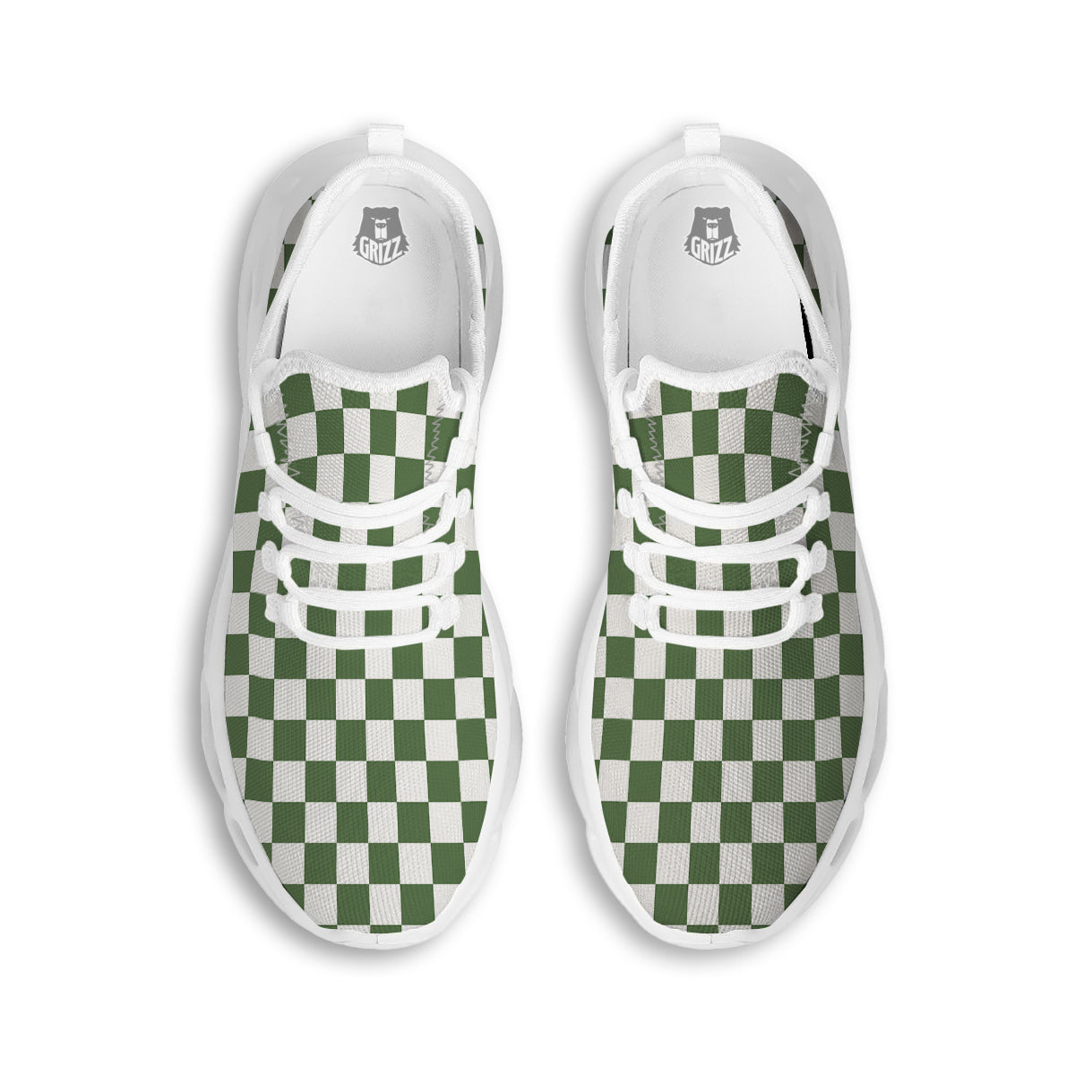 Dark Green Checkered Flag Print White Running Shoes-grizzshop