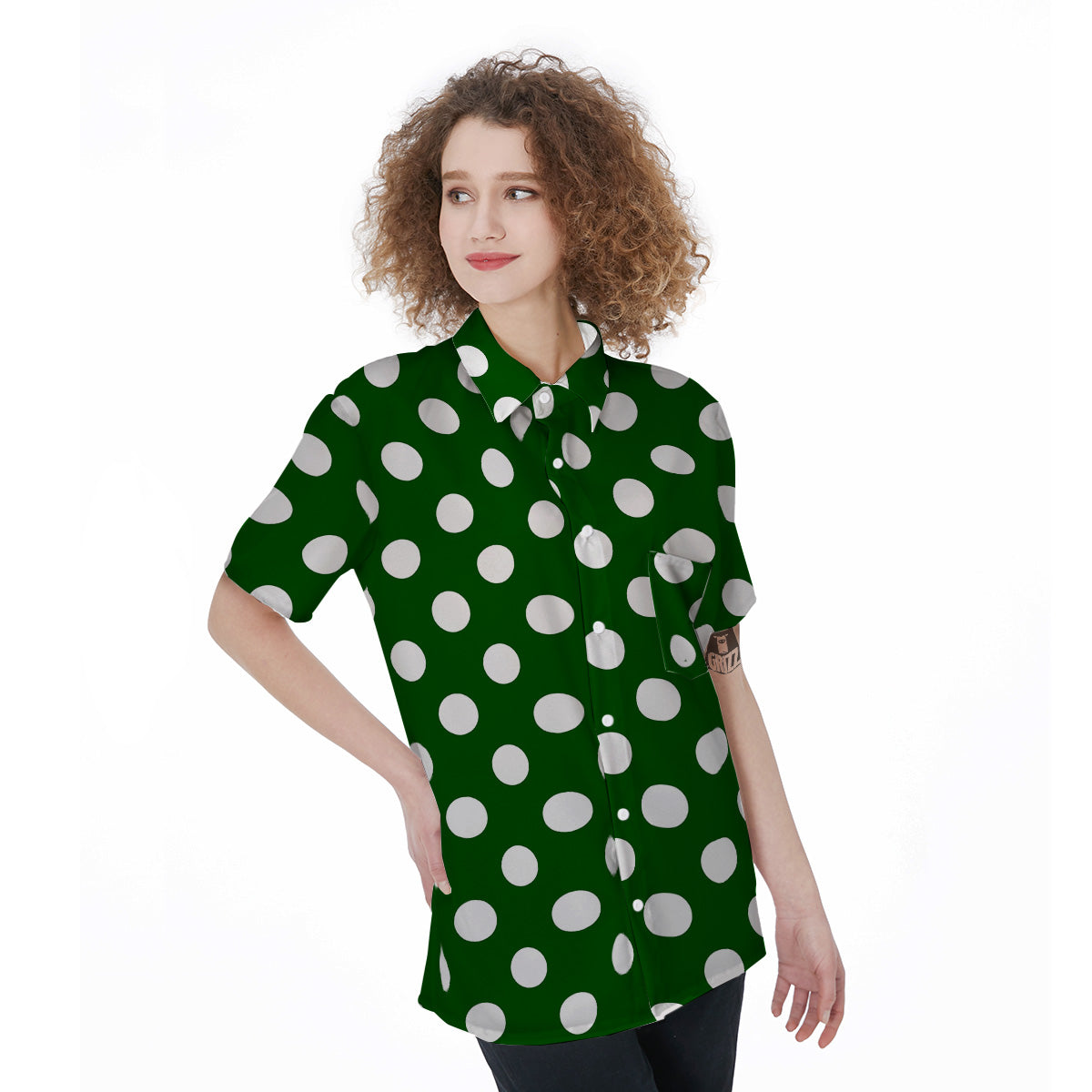 Dark Green Color And Polka Dot Print Pattern Women's Short Sleeve Shirts-grizzshop