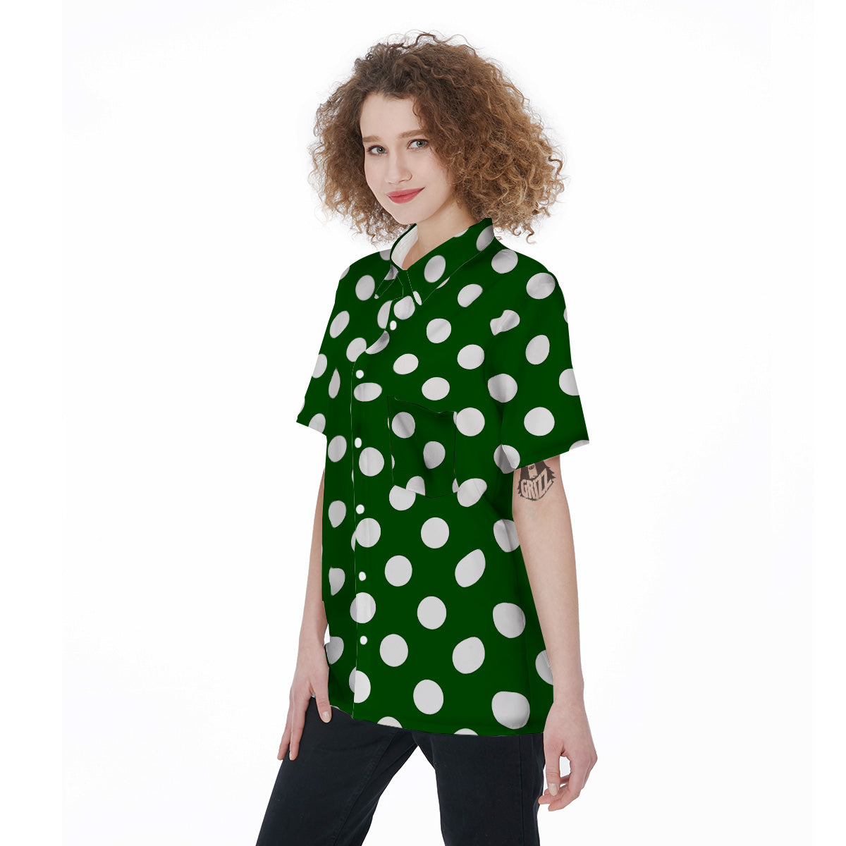 Dark Green Color And Polka Dot Print Pattern Women's Short Sleeve Shirts-grizzshop