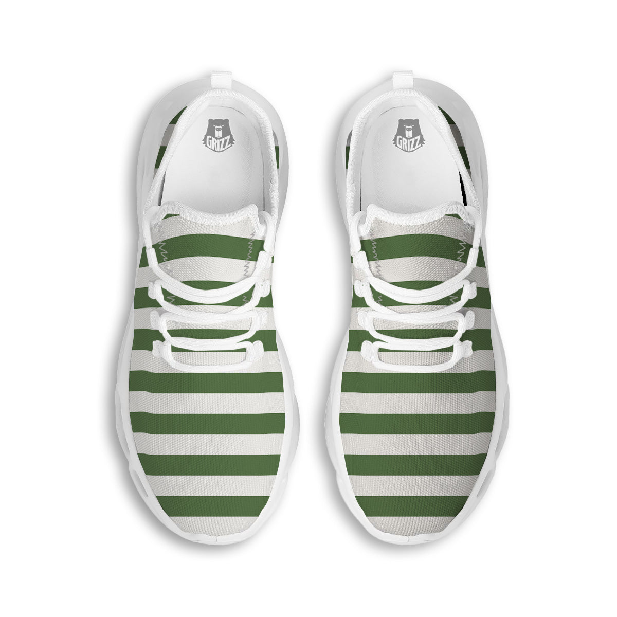 Dark Green Color Striped Print White Running Shoes-grizzshop