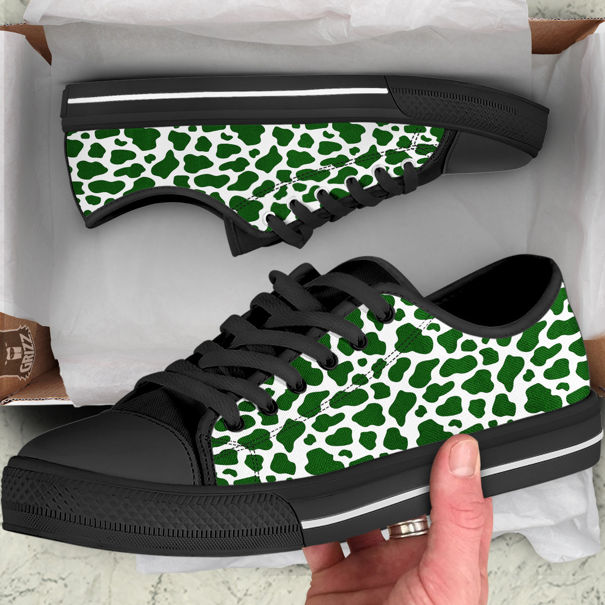 Dark Green Cow Print Pattern Black Low Top Shoes-grizzshop