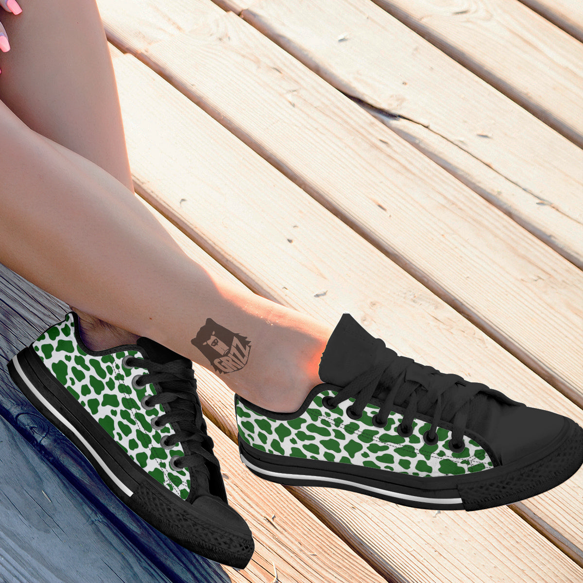 Dark Green Cow Print Pattern Black Low Top Shoes-grizzshop