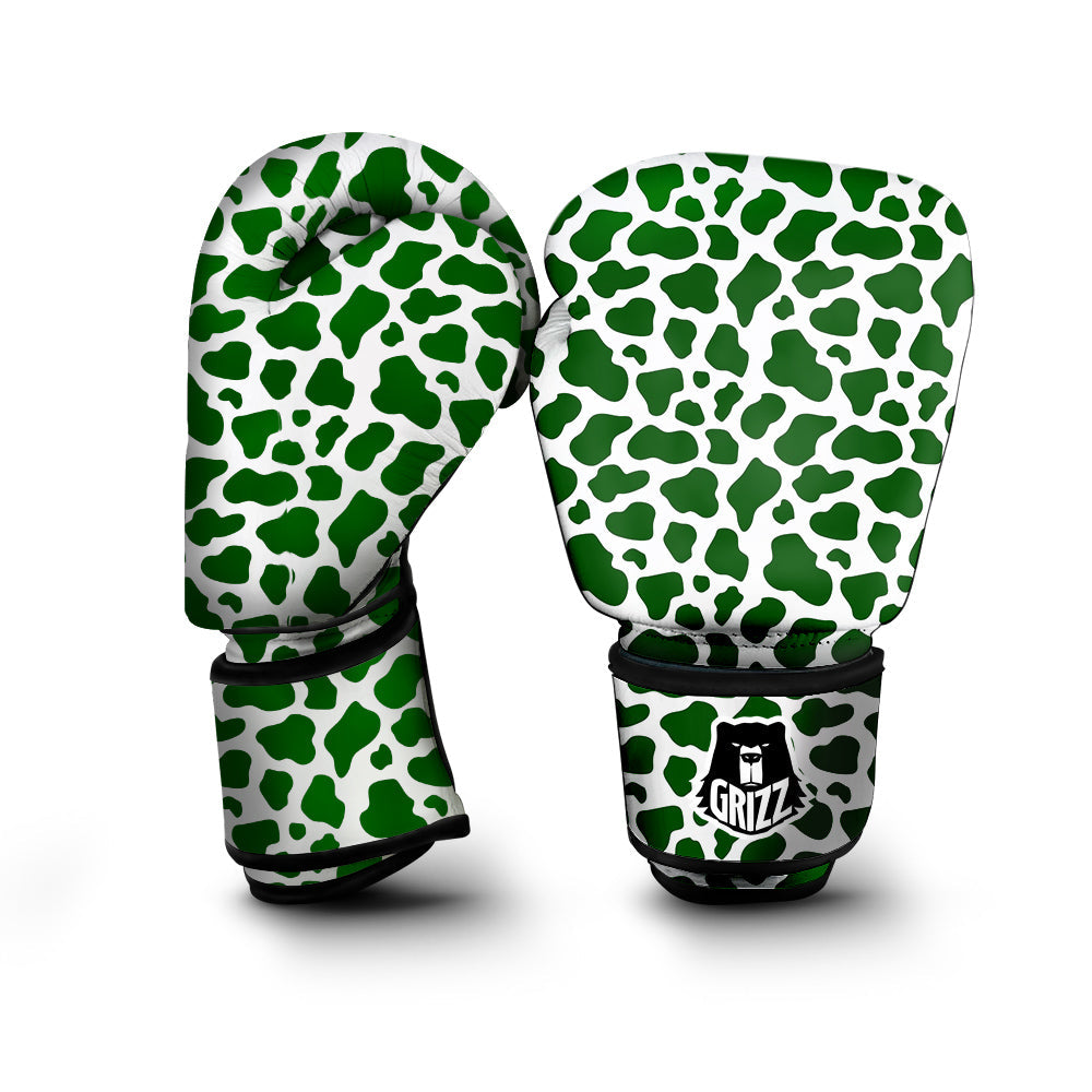 Dark Green Cow Print Pattern Boxing Gloves-grizzshop