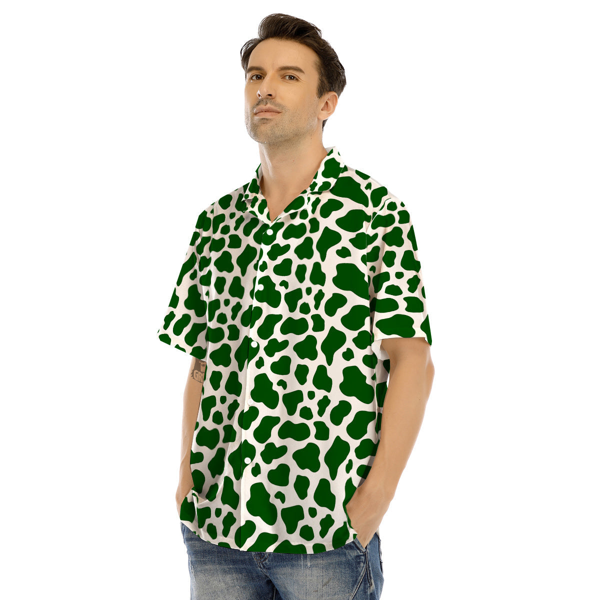 Dark Green Cow Print Pattern Men’s Hawaiian Shirt-grizzshop