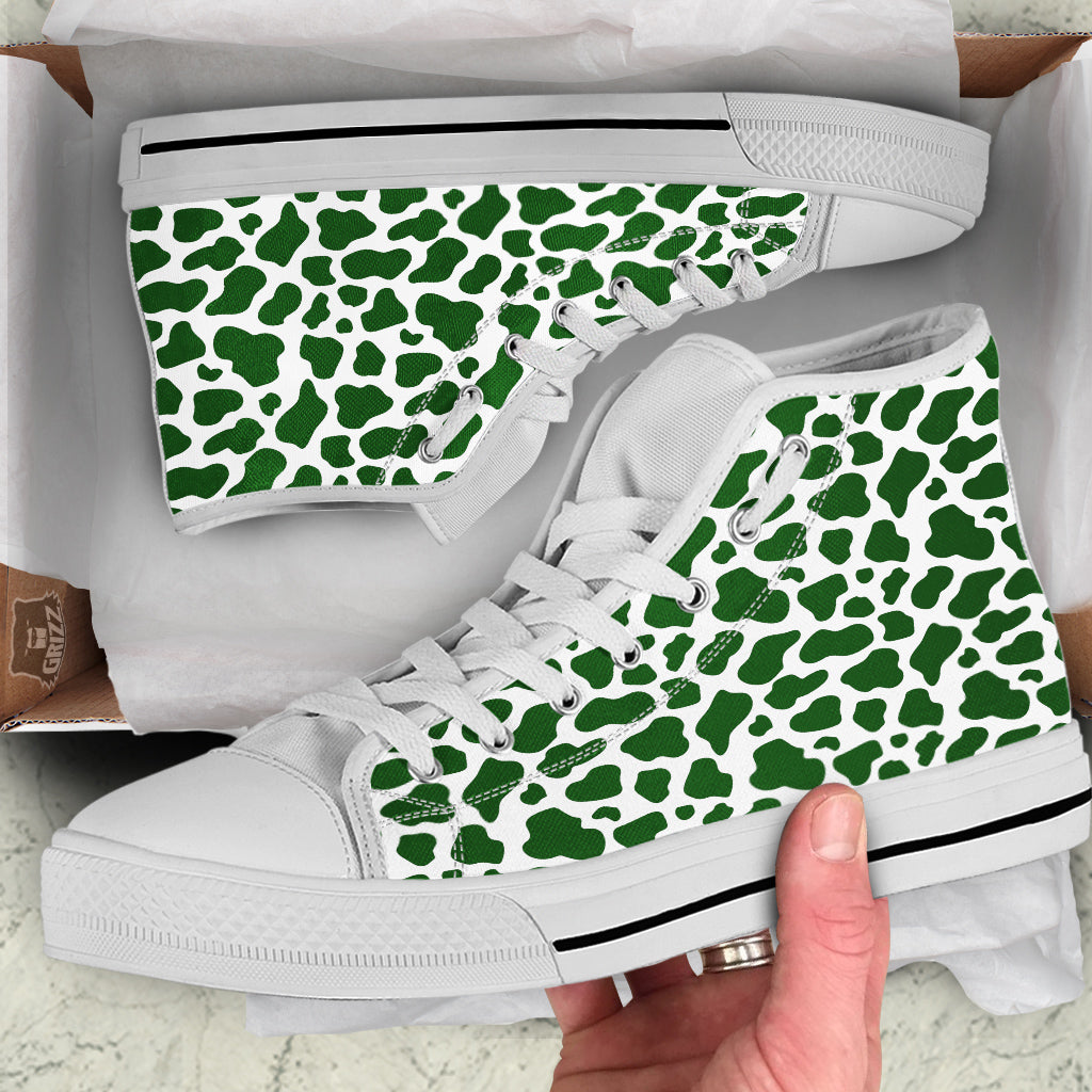 Dark Green Cow Print Pattern White High Top Shoes-grizzshop