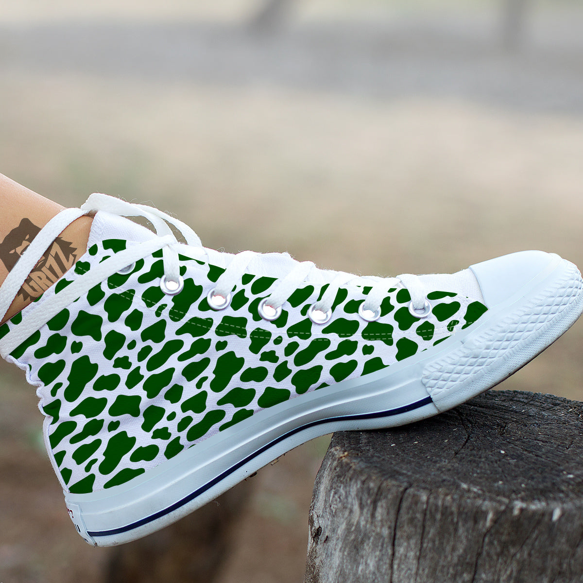 Dark Green Cow Print Pattern White High Top Shoes-grizzshop