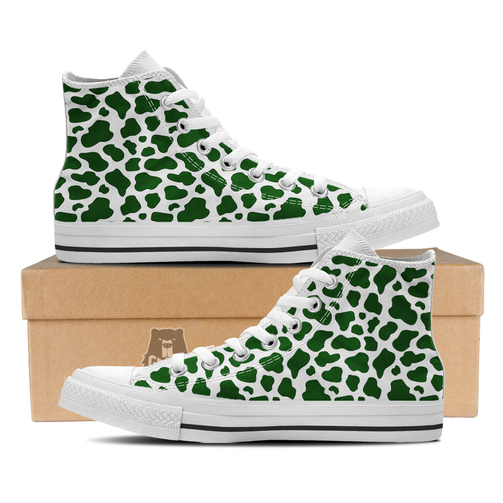 Dark Green Cow Print Pattern White High Top Shoes-grizzshop