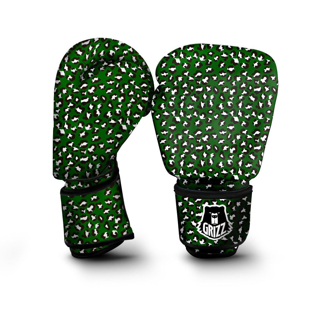 Dark Green Leopard Print Pattern Boxing Gloves-grizzshop