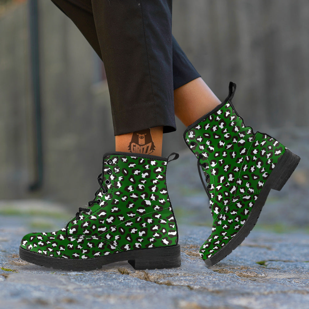 Dark Green Leopard Print Pattern Leather Boots-grizzshop