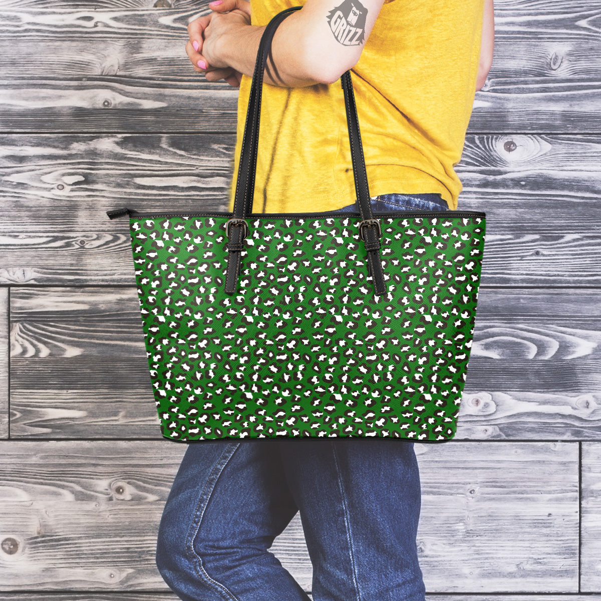 Dark Green Leopard Print Pattern Leather Tote Bag-grizzshop