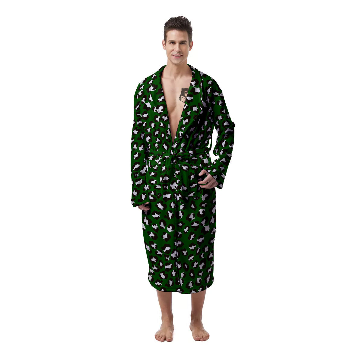 Dark Green Leopard Print Pattern Men's Robe-grizzshop