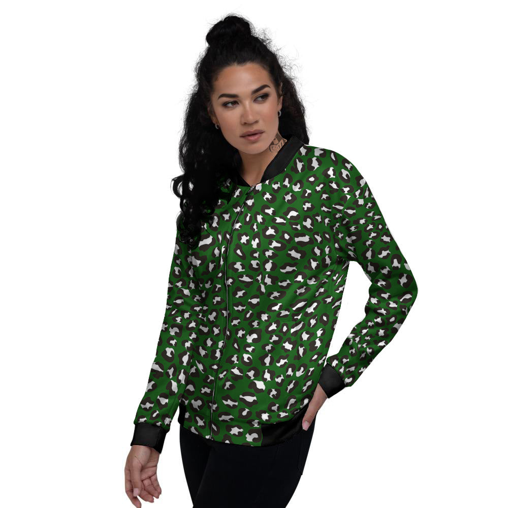 Dark Green Leopard Print Pattern Women's Bomber Jacket-grizzshop