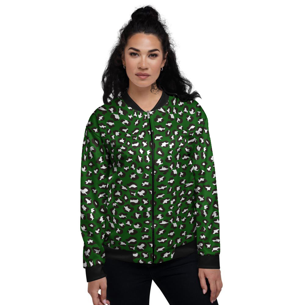 Dark Green Leopard Print Pattern Women's Bomber Jacket-grizzshop