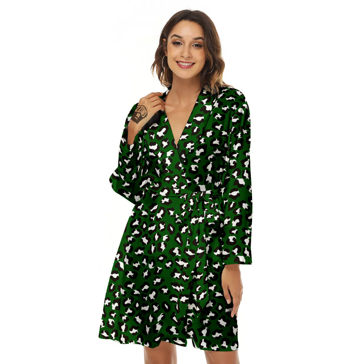 Dark Green Leopard Print Pattern Women's Robe-grizzshop
