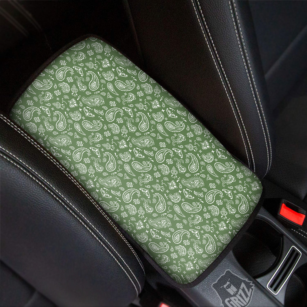 Dark Green Paisley Bandana Print Car Center Console Cover-grizzshop