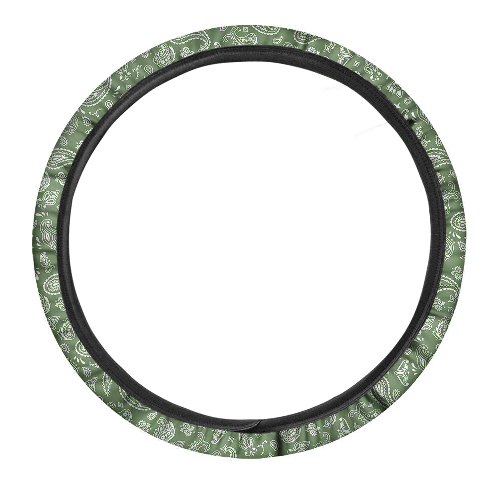 Dark Green Paisley Bandana Print Car Steering Wheel Cover-grizzshop