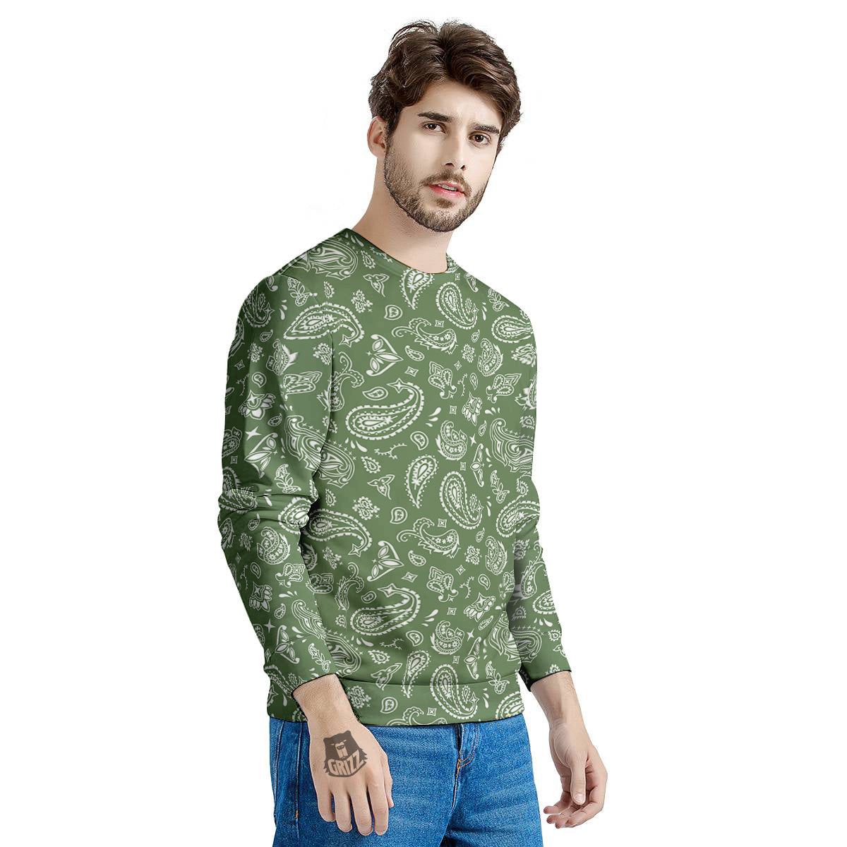 Dark Green Paisley Bandana Print Men's Sweatshirt-grizzshop