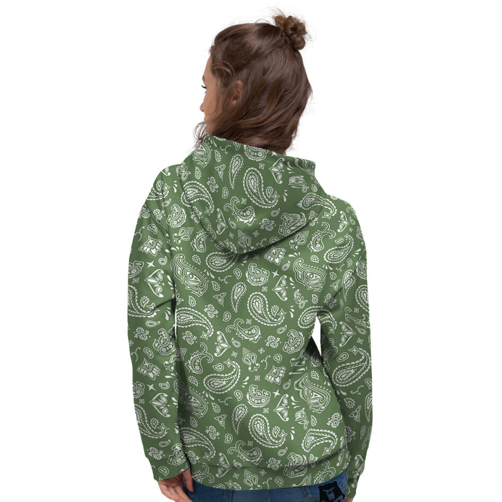 Dark Green Paisley Bandana Print Women's Hoodie-grizzshop