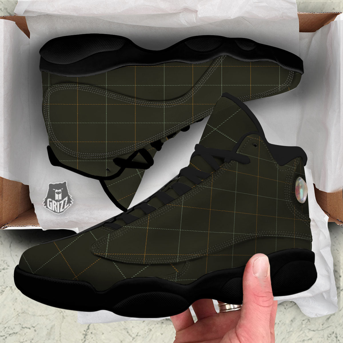 Dark Green Tattersall Print Pattern Black Basketball Shoes-grizzshop