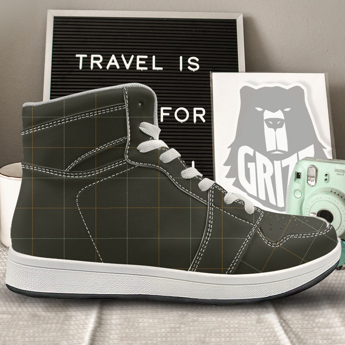 Dark Green Tattersall Print Pattern High Top Sneakers-grizzshop