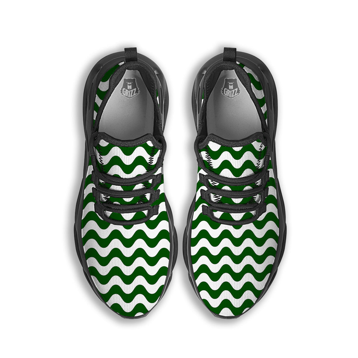 Dark Green Wave Striped Print Black Running Shoes-grizzshop