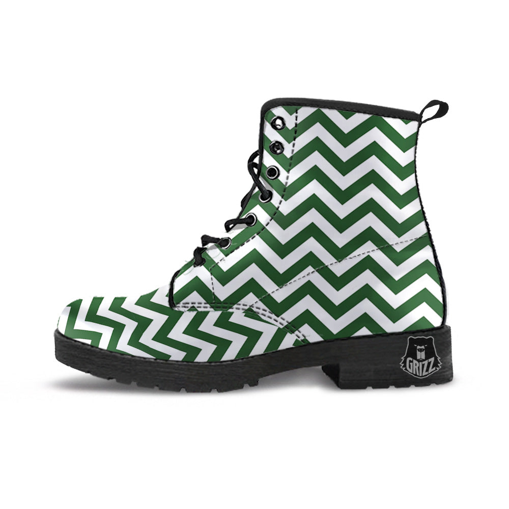 Dark Green Zigzag Print Pattern Leather Boots-grizzshop